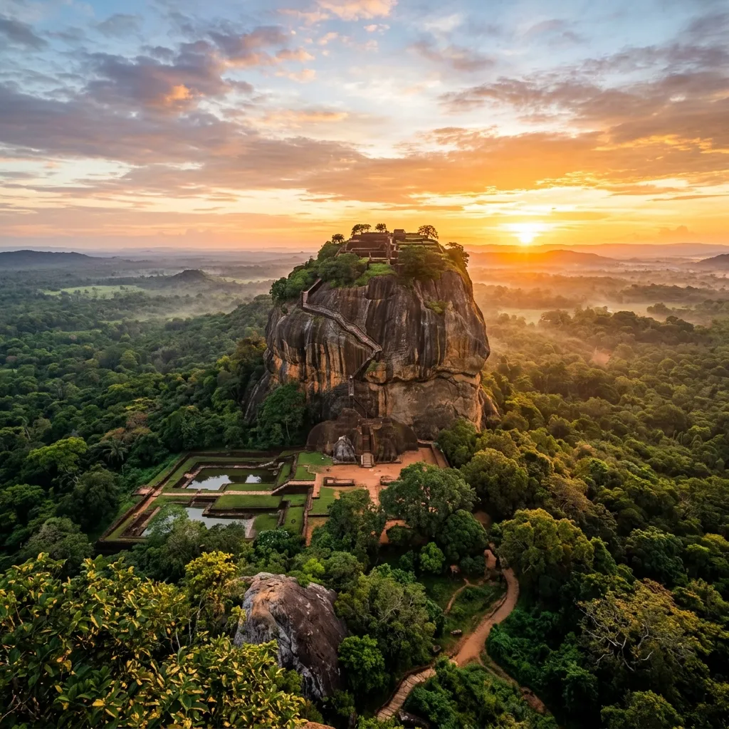 Sigiriya rock fortress at sunrise surrounded by jungle