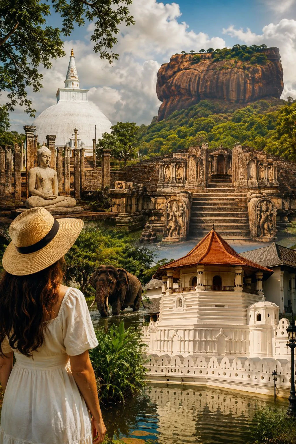 Cultural Triangle highlights — Sigiriya rock, a white stupa, carved Polonnaruwa ruins and the Temple of the Tooth