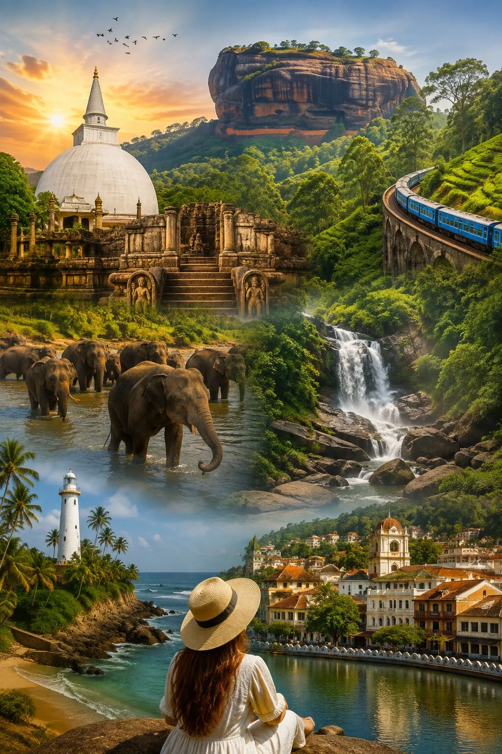 Sri Lanka from coast to hills — Sigiriya, elephants bathing, a hill-country train, a lighthouse and Kandy